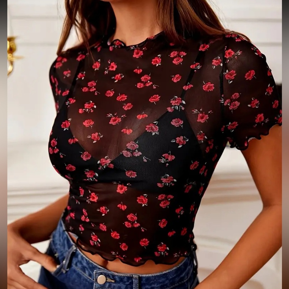 214- Floral Print Mesh Crop T-Shirt
